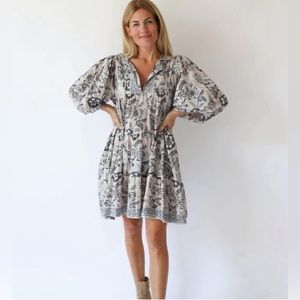 Marea Casita Dress 3/4 Sleeve Blue Beige Block Print, Small